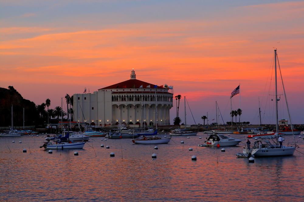 Sailboats moored in Avalon Harbor in front of the Casino at sunset